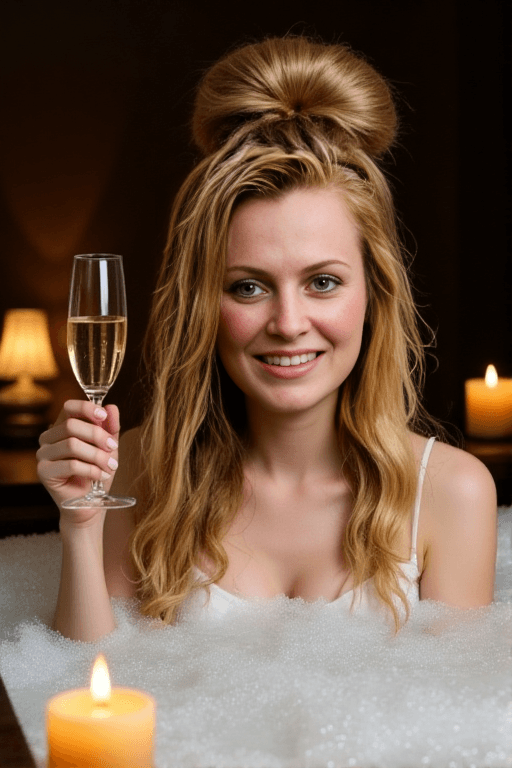 Bella Luxe - That She is in a bubble bath with candles, hair pinned up, champagne glass in hand, bubbles barely covering look hits different